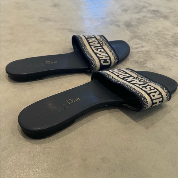 Dior Dway Slide Sandal Deep Blue Embroidered Cotton Logo open toe size 39 - Picture 13 of 13